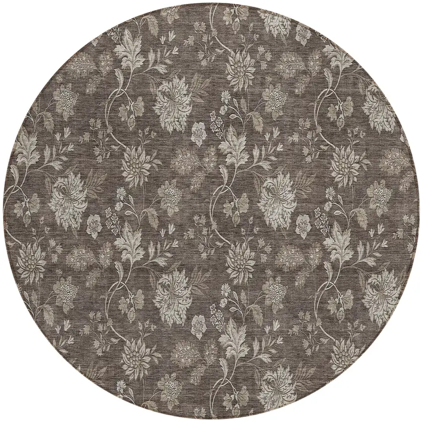 8' Chocolate Beige And Taupe Round Floral Washable Indoor Outdoor Area Rug Photo 2