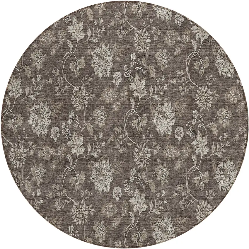 8' Chocolate Beige And Taupe Round Floral Washable Indoor Outdoor Area Rug Photo 2