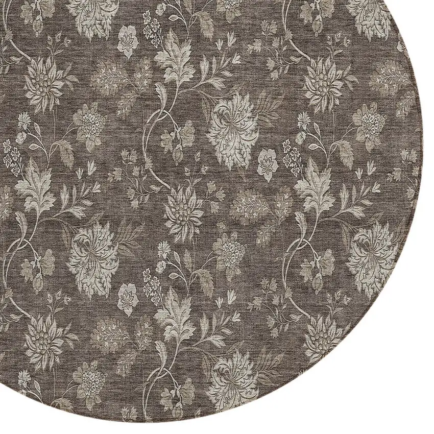 8' Chocolate Beige And Taupe Round Floral Washable Indoor Outdoor Area Rug Photo 4