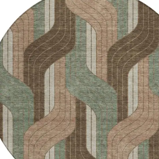 8' Chocolate Beige And Taupe Round Striped Washable Indoor Outdoor Area Rug Photo 2