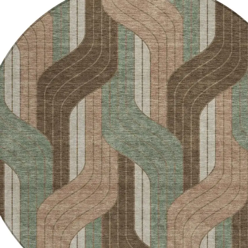 8' Chocolate Beige And Taupe Round Striped Washable Indoor Outdoor Area Rug Photo 2