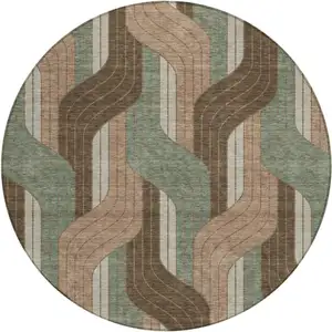 Photo of 8' Chocolate Beige And Taupe Round Striped Washable Indoor Outdoor Area Rug