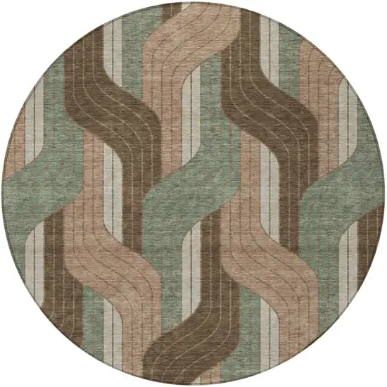 8' Chocolate Beige And Taupe Round Striped Washable Indoor Outdoor Area Rug Photo 3