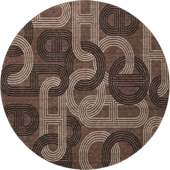 8' Chocolate Black And Beige Geometric Washable Round Rug With UV Protection Photo 2