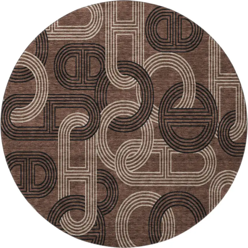 8' Chocolate Black And Beige Geometric Washable Round Rug With UV Protection Photo 2