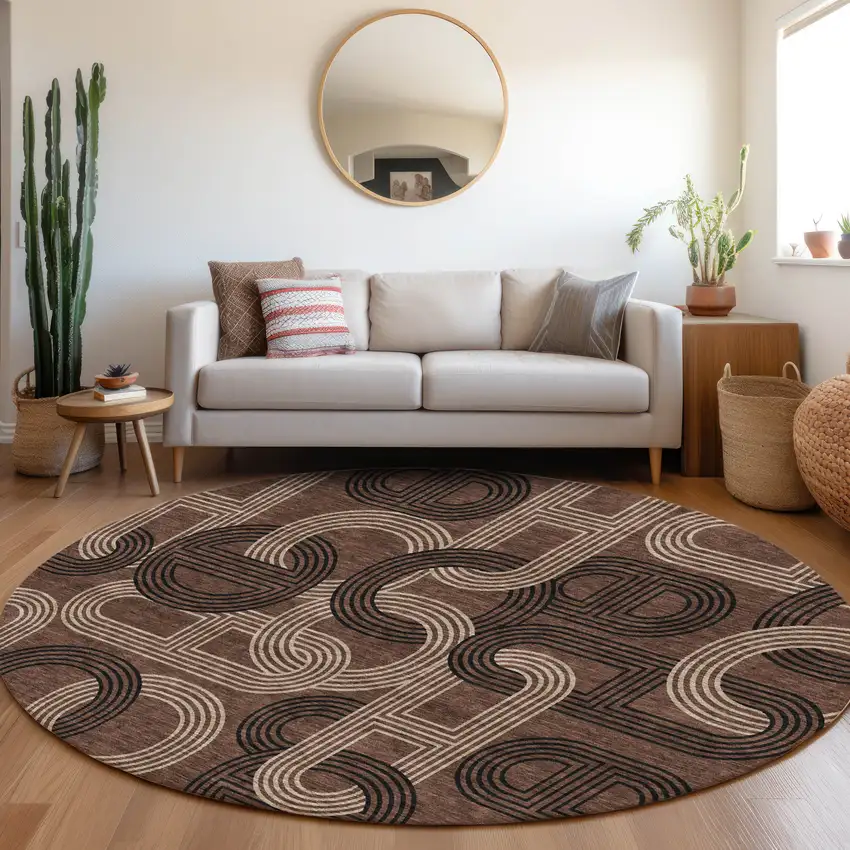 8' Chocolate Black And Beige Geometric Washable Round Rug With UV Protection Photo 3
