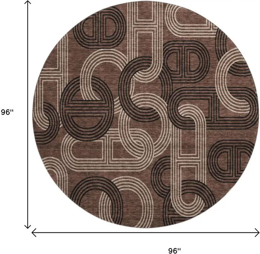 8' Chocolate Black And Beige Geometric Washable Round Rug With UV Protection Photo 8