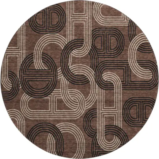 8' Chocolate Black And Beige Geometric Washable Round Rug With UV Protection Photo 1