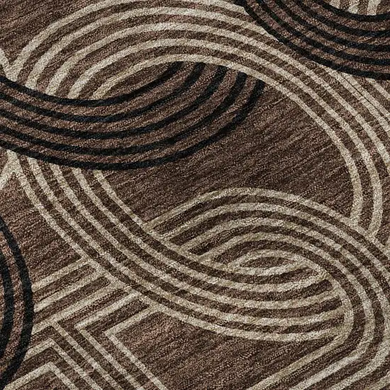 8' Chocolate Black And Beige Geometric Washable Round Rug With UV Protection Photo 7