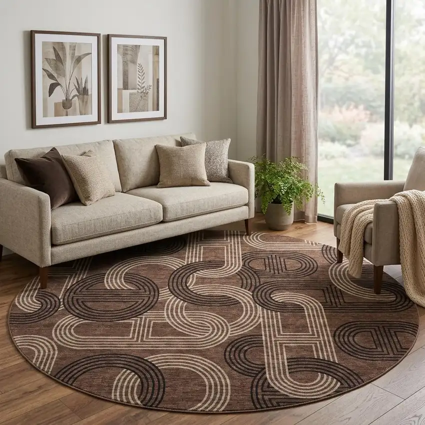8' Chocolate Black And Beige Geometric Washable Round Rug With UV Protection Photo 1