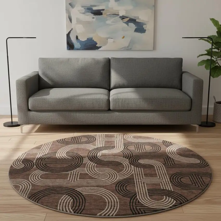 8' Chocolate Black And Beige Geometric Washable Round Rug With UV Protection Photo 2