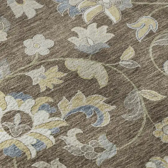 8' Chocolate Blue And Beige Floral Washable Round Rug With UV Protection Photo 8