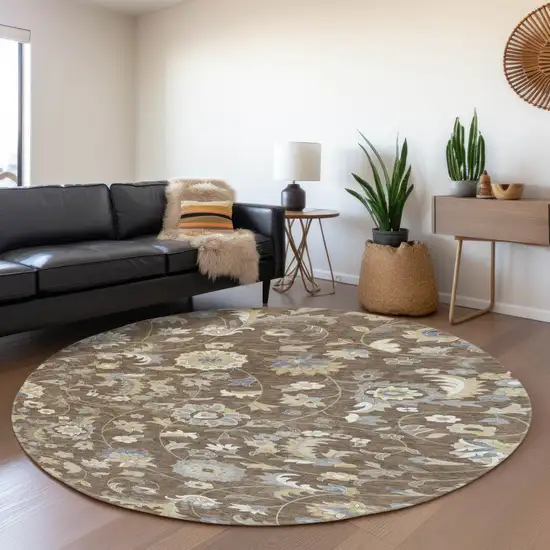 8' Chocolate Blue And Beige Floral Washable Round Rug With UV Protection Photo 4