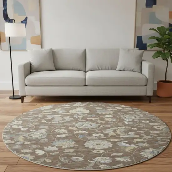 8' Chocolate Blue And Beige Floral Washable Round Rug With UV Protection Photo 2