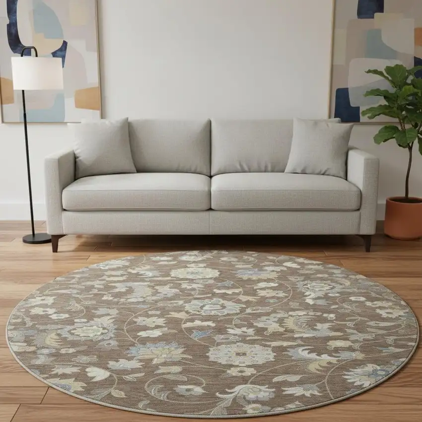 8' Chocolate Blue And Beige Floral Washable Round Rug With UV Protection Photo 2