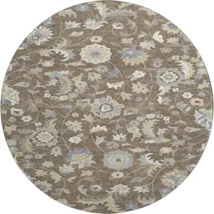 Photo of 8' Chocolate Blue And Beige Floral Washable Round Rug With UV Protection