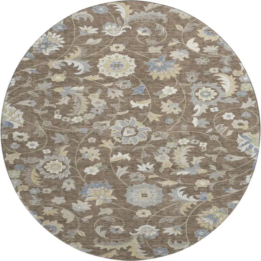 8' Chocolate Blue And Beige Floral Washable Round Rug With UV Protection Photo 1