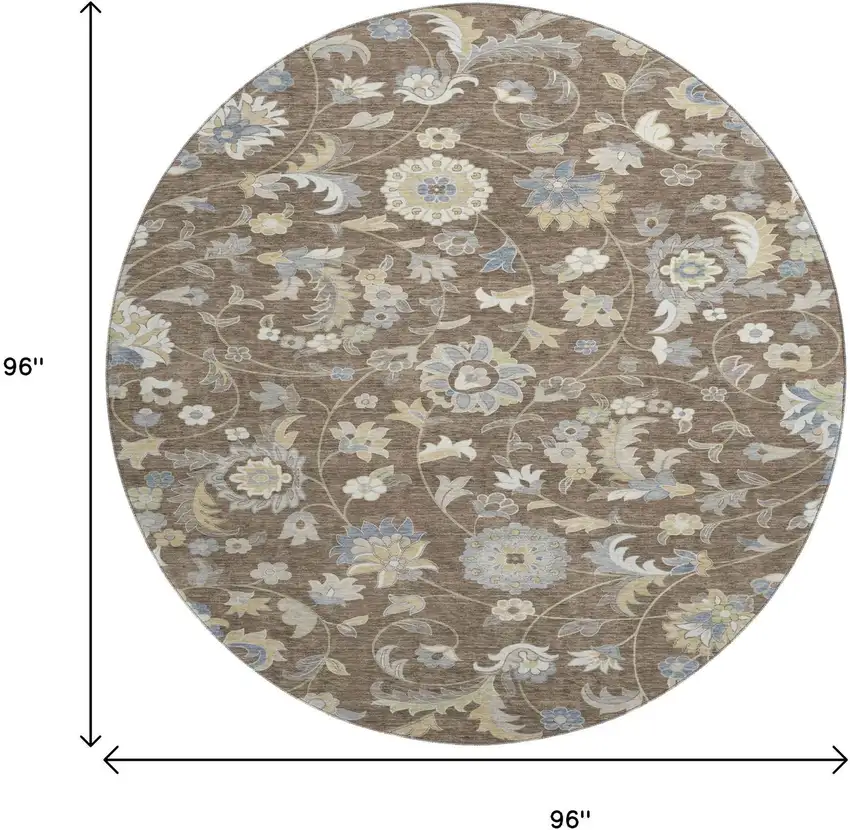 8' Chocolate Blue And Beige Floral Washable Round Rug With UV Protection Photo 9