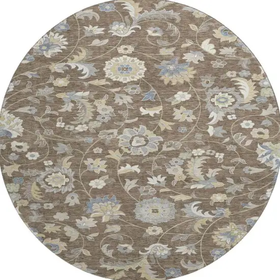 8' Chocolate Blue And Beige Floral Washable Round Rug With UV Protection Photo 3