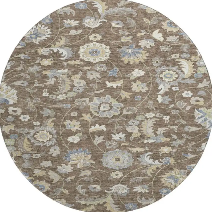 8' Chocolate Blue And Beige Floral Washable Round Rug With UV Protection Photo 3
