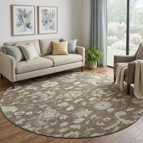 8' Chocolate Blue And Beige Floral Washable Round Rug With UV Protection Photo 1
