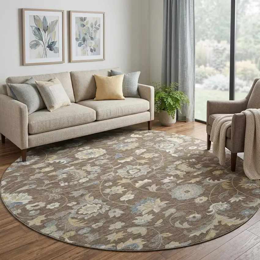 8' Chocolate Blue And Beige Floral Washable Round Rug With UV Protection Photo 1