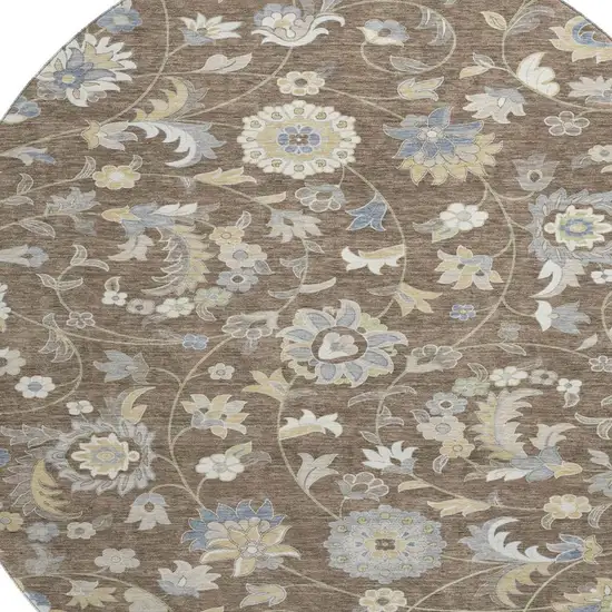 8' Chocolate Blue And Beige Floral Washable Round Rug With UV Protection Photo 2