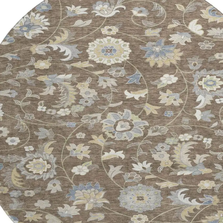 8' Chocolate Blue And Beige Floral Washable Round Rug With UV Protection Photo 2