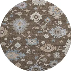 Photo of 8' Chocolate Blue And Beige Floral Washable Round Rug With UV Protection