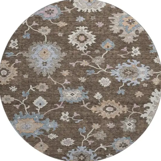 8' Chocolate Blue And Beige Floral Washable Round Rug With UV Protection Photo 2