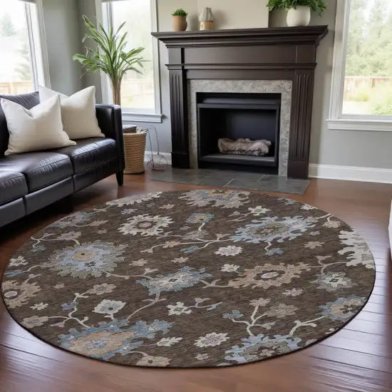 8' Chocolate Blue And Beige Floral Washable Round Rug With UV Protection Photo 4