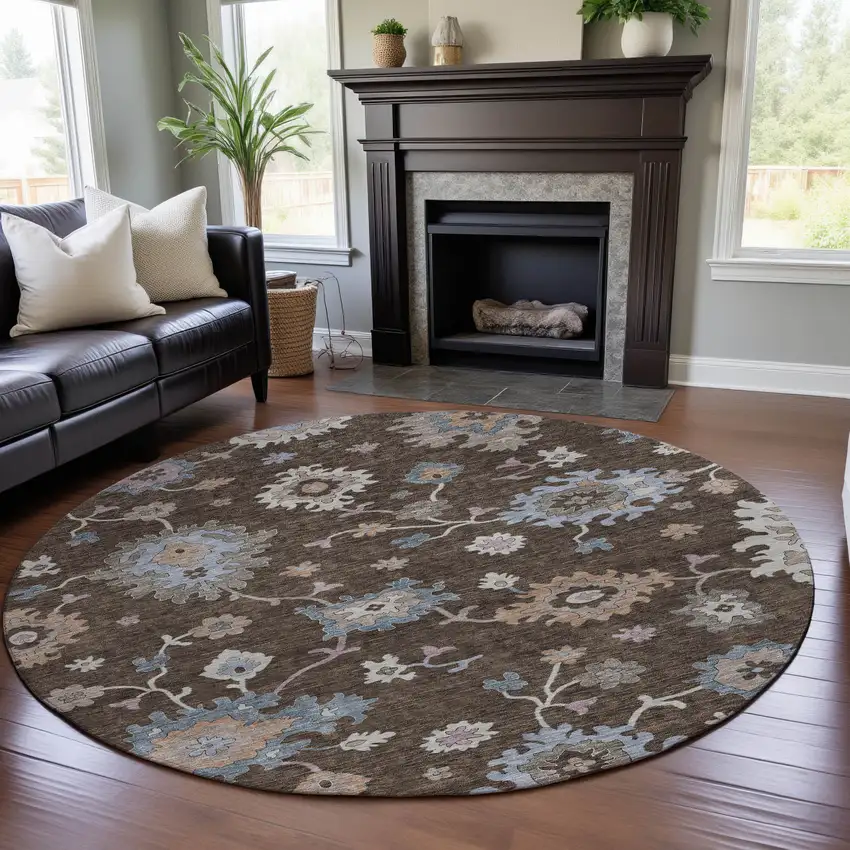 8' Chocolate Blue And Beige Floral Washable Round Rug With UV Protection Photo 4