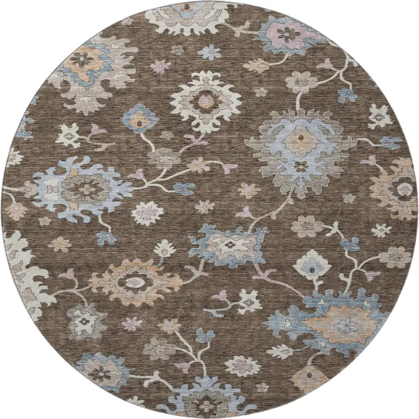 8' Chocolate Blue And Beige Floral Washable Round Rug With UV Protection Photo 3