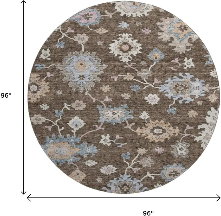 8' Chocolate Blue And Beige Floral Washable Round Rug With UV Protection Photo 9