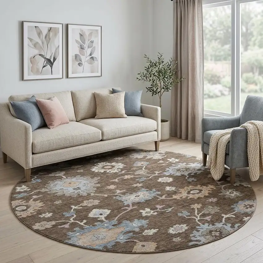 8' Chocolate Blue And Beige Floral Washable Round Rug With UV Protection Photo 1
