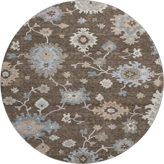 8' Chocolate Blue And Beige Floral Washable Round Rug With UV Protection Photo 1