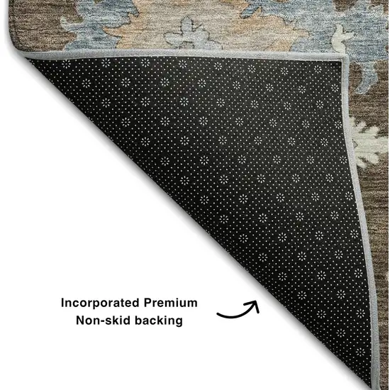8' Chocolate Blue And Beige Floral Washable Round Rug With UV Protection Photo 5