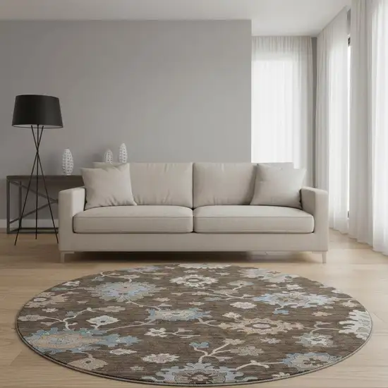 8' Chocolate Blue And Beige Floral Washable Round Rug With UV Protection Photo 2