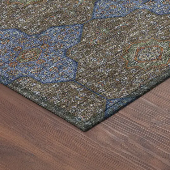 8' Chocolate Blue And Beige Round Quatrefoil Washable Indoor Outdoor Area Rug Photo 8