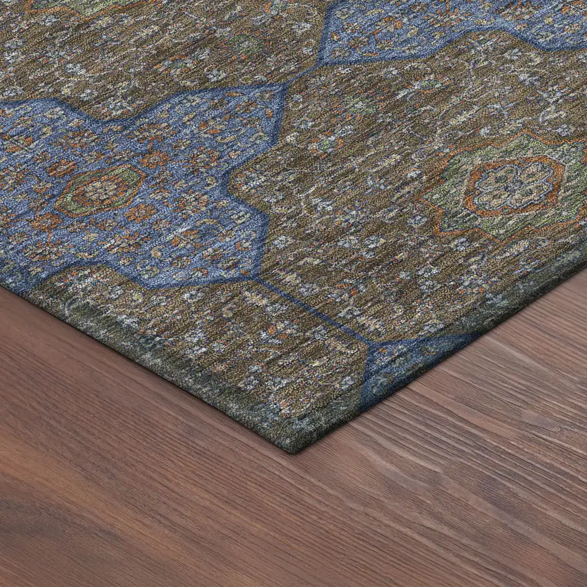 8' Chocolate Blue And Beige Round Quatrefoil Washable Indoor Outdoor Area Rug Photo 8