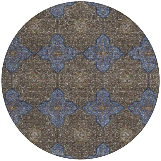 8' Chocolate Blue And Beige Round Quatrefoil Washable Indoor Outdoor Area Rug Photo 3