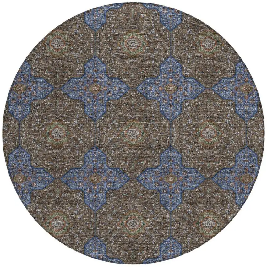 8' Chocolate Blue And Beige Round Quatrefoil Washable Indoor Outdoor Area Rug Photo 3