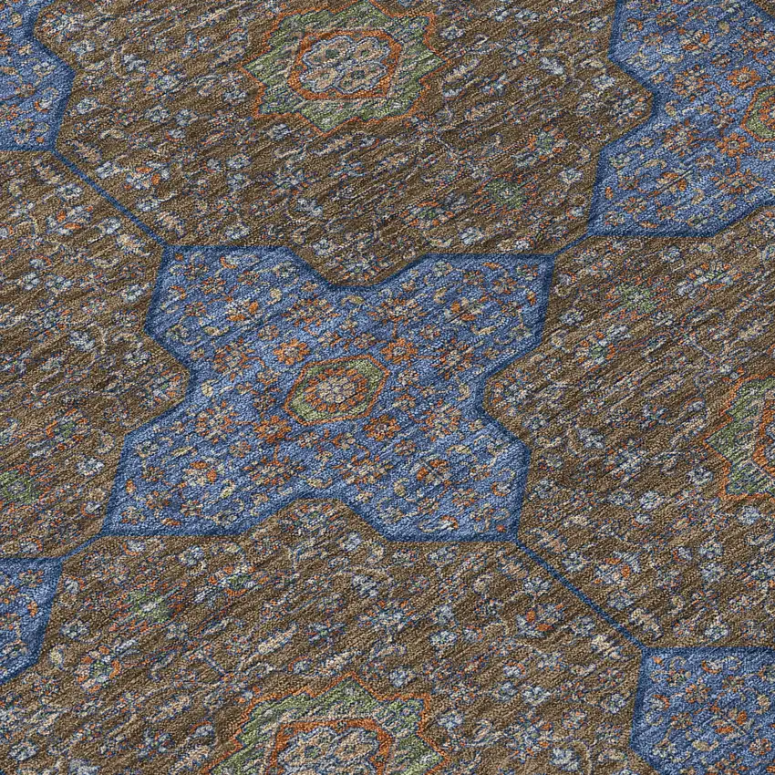 8' Chocolate Blue And Beige Round Quatrefoil Washable Indoor Outdoor Area Rug Photo 9