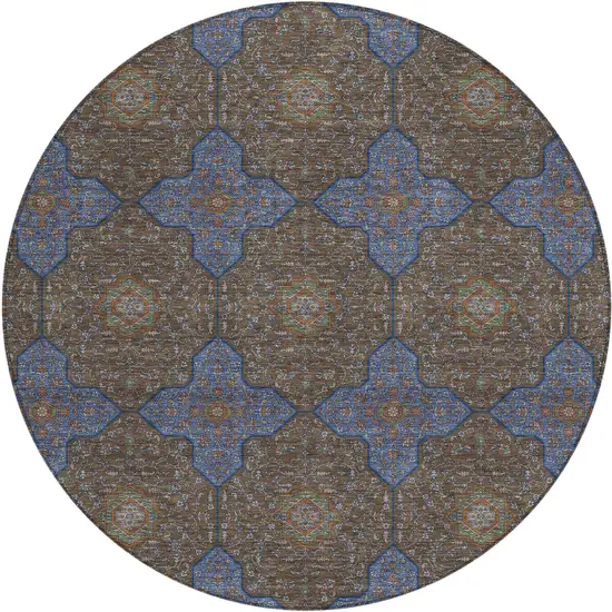 8' Chocolate Blue And Beige Round Quatrefoil Washable Indoor Outdoor Area Rug Photo 1