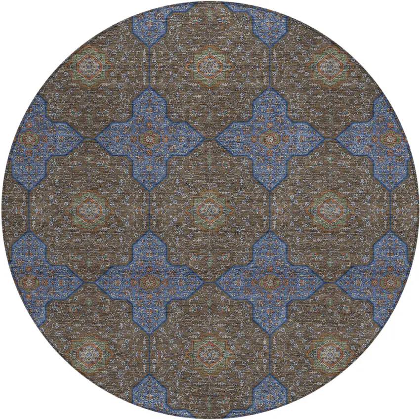 8' Chocolate Blue And Beige Round Quatrefoil Washable Indoor Outdoor Area Rug Photo 1