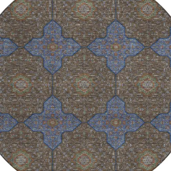 8' Chocolate Blue And Beige Round Quatrefoil Washable Indoor Outdoor Area Rug Photo 2