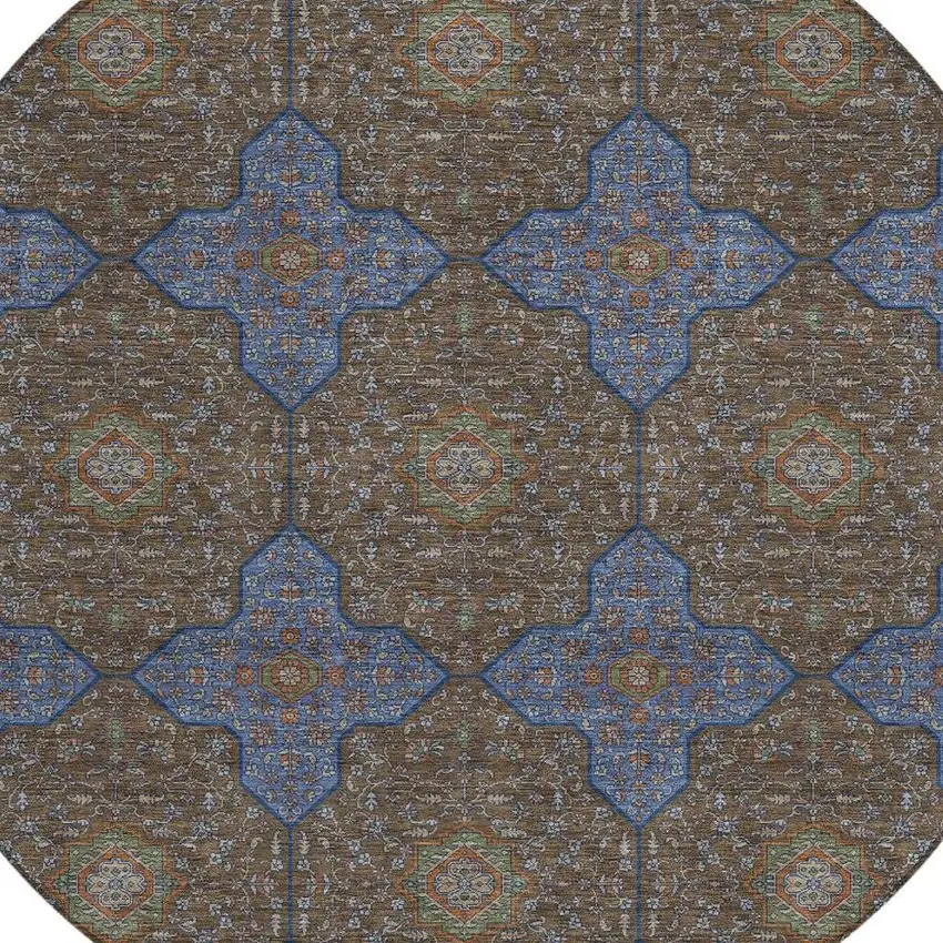 8' Chocolate Blue And Beige Round Quatrefoil Washable Indoor Outdoor Area Rug Photo 2