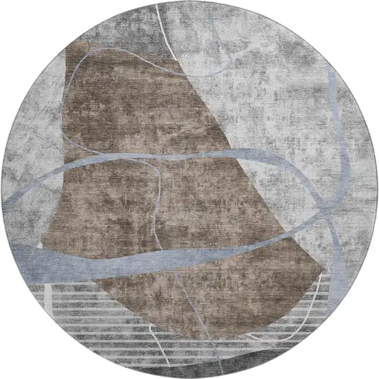 8' Chocolate Blue And Gray Abstract Geometric Washable Round Rug With UV Protection Photo 1