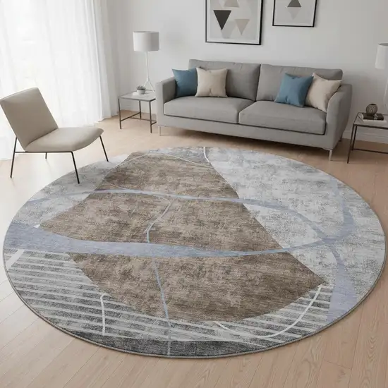 8' Chocolate Blue And Gray Abstract Geometric Washable Round Rug With UV Protection Photo 2