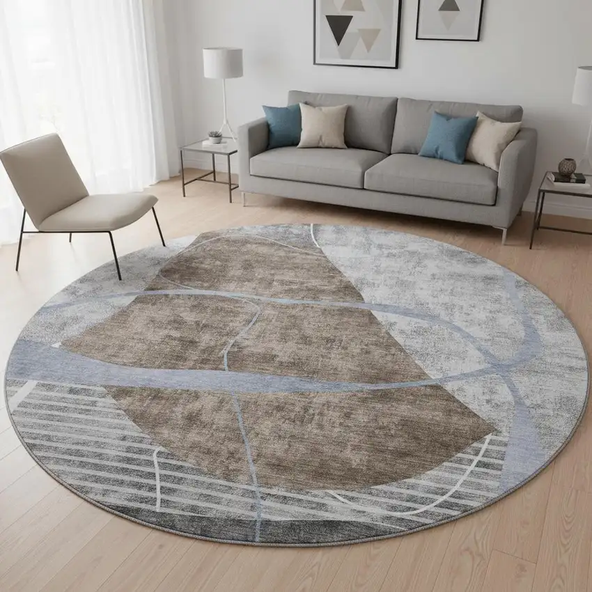 8' Chocolate Blue And Gray Abstract Geometric Washable Round Rug With UV Protection Photo 2